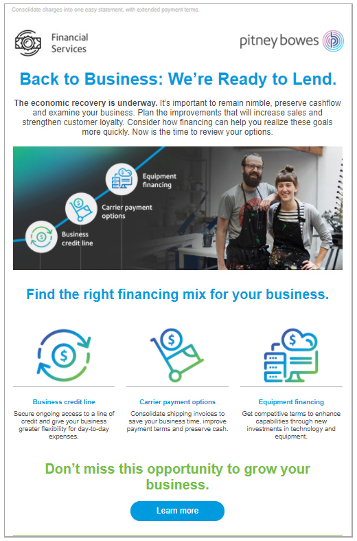 Back to Business campaign for Pitney Bowes Financial Services - email examples - Joseph Ehlinger copywriter