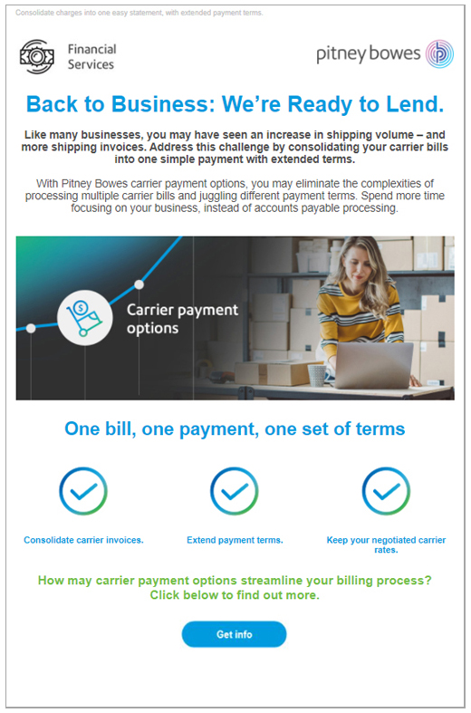 Back to Business campaign for Pitney Bowes Financial Services - email examples - Joseph Ehlinger copywriter