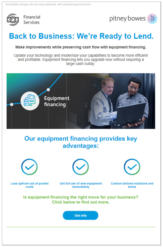 Back to Business campaign for Pitney Bowes Financial Services - email examples - Joseph Ehlinger copywriter