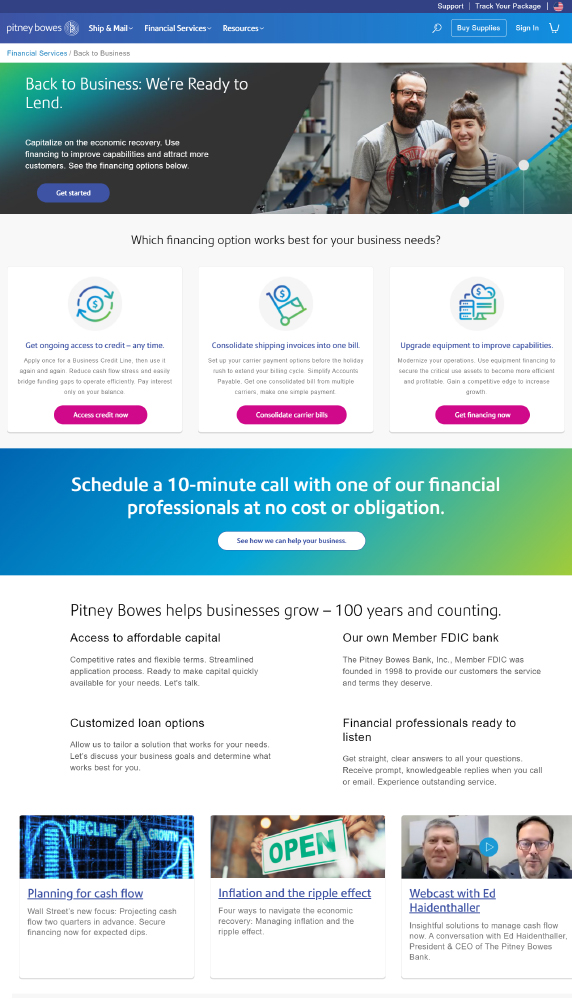 Pitney Bowes Financial Serivces Back to Business Campaign Landing Page - Joseph Ehlinger Copywriter
